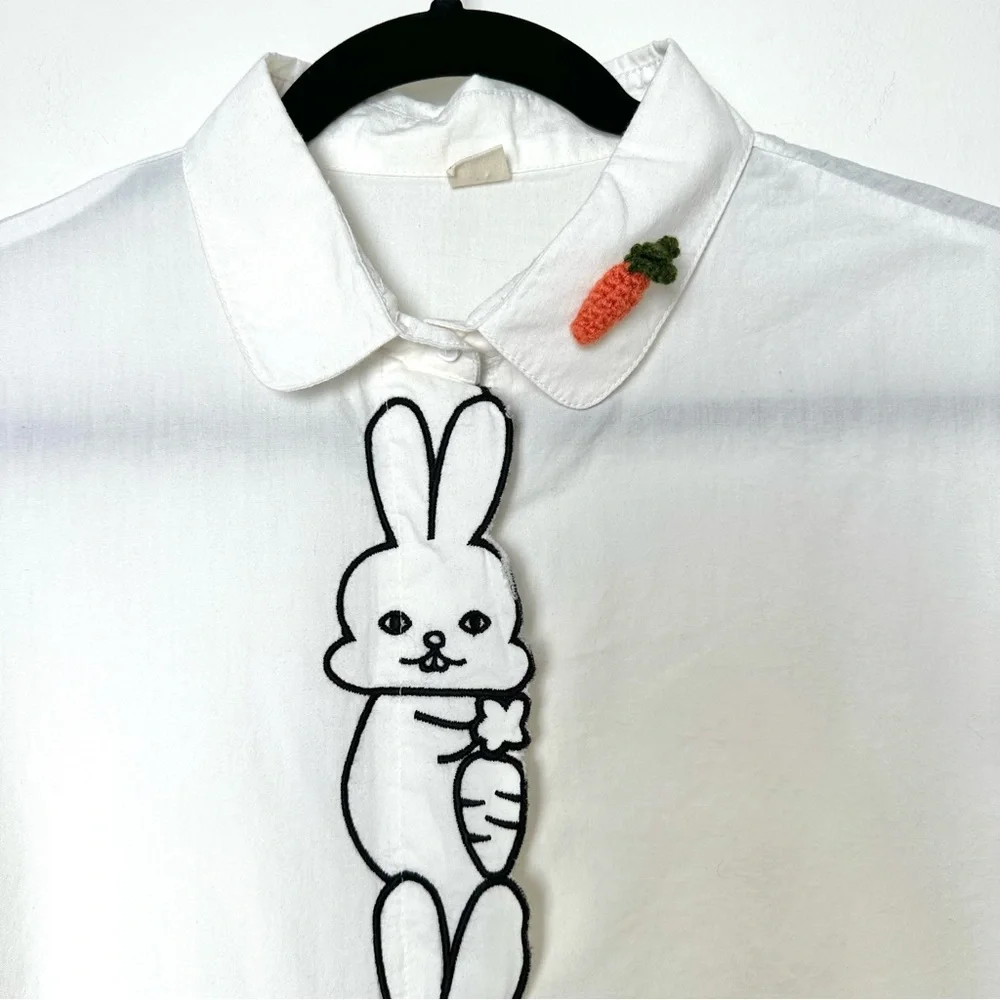 Kitschy Embroidered Rabbit with Crochet Carrot Dopamine Dressing Kawaii Blouse - Picture 3 of 9